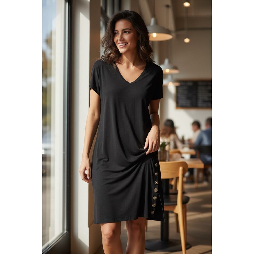 Madewell Black V-Neck Shift Dress Button Detail Short Sleeve Size S